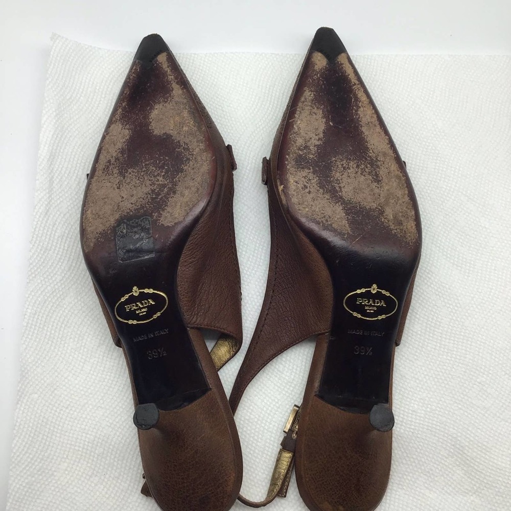 PRADA brown leather low heel strap pumps women’s size 39.5 - Picture 14 of 16